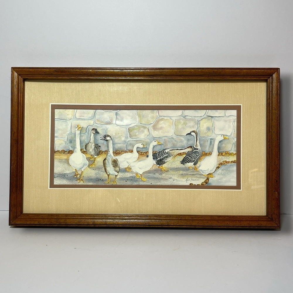 Geese Vintage Ava Freeman Watercolor Print Framed Brown Mat Wood Frame Country